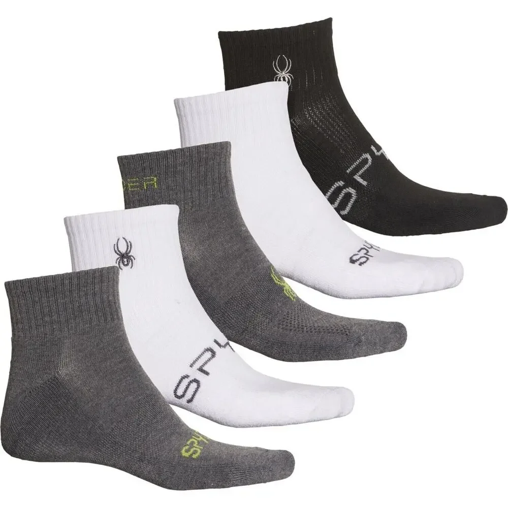 NEW Spyder Men Mesh Quarter Socks 5 Pairs White Black Shoe Size 6 -12 Absorb Tek
